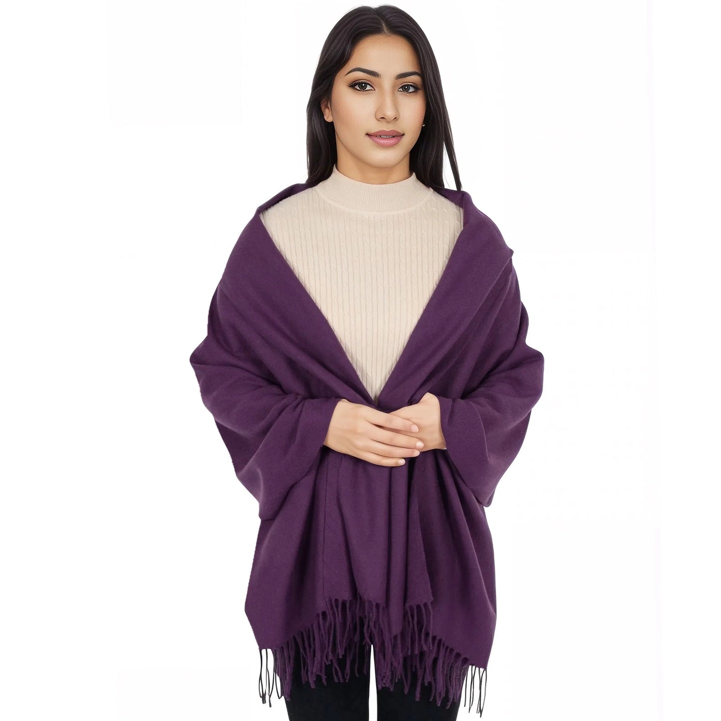 Winter Cashmere Feel Solid Color Classic Fringe Shawl