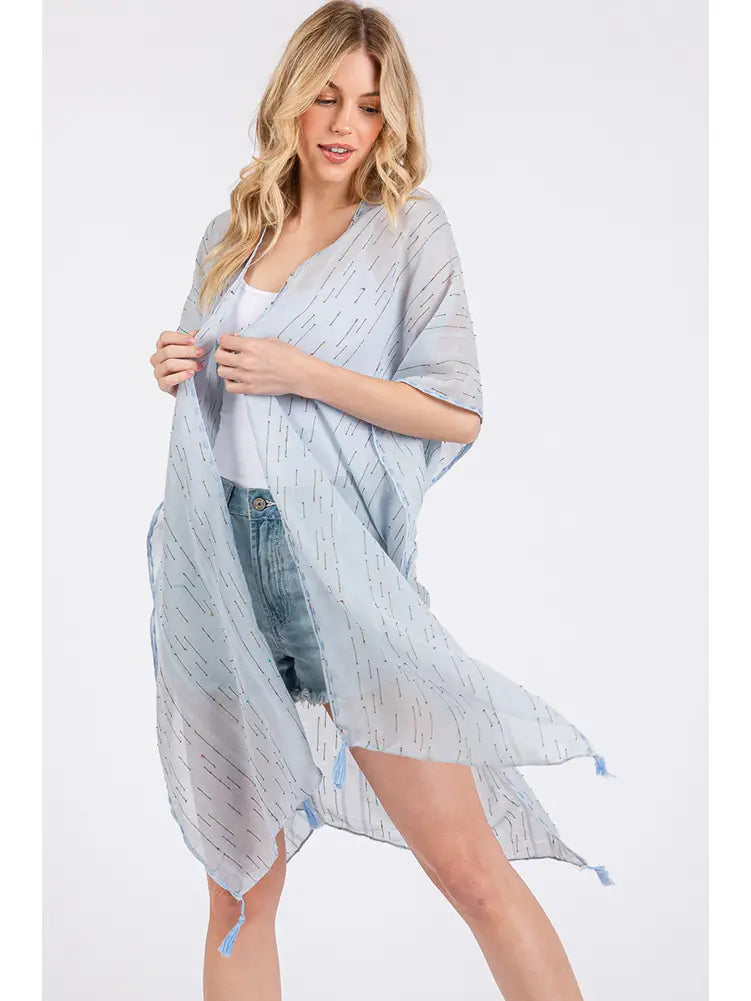 Colored Stitch Trim and Tassel Summer Kimono  'One Size Fits Most"