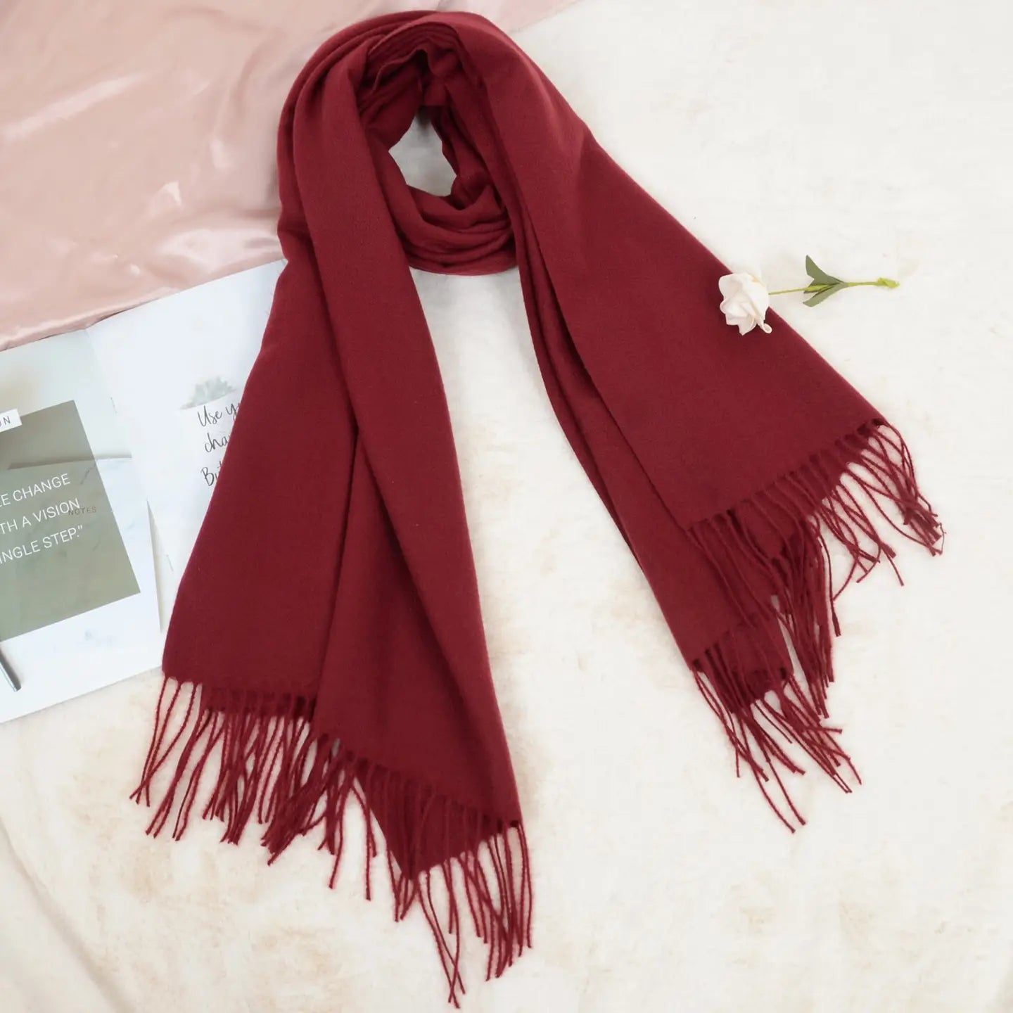 Winter Cashmere Feel Solid Color Classic Fringe Shawl