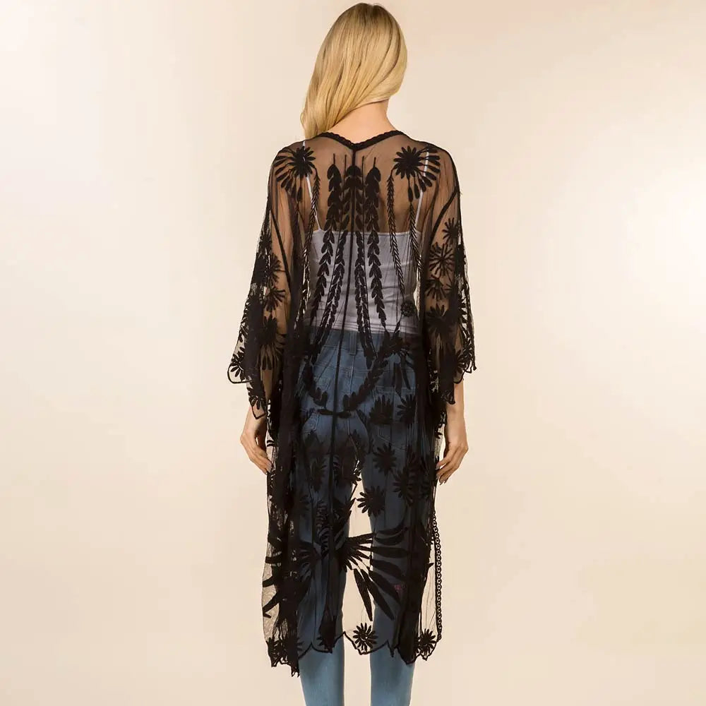 Sheer Floral Lace Long Kimono Poncho