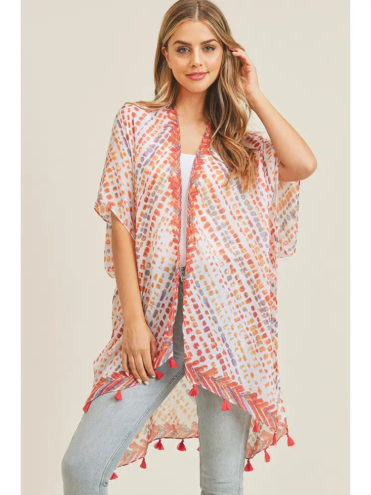 Multi Dash Pattern Tassel Summer Kimono Cover Up