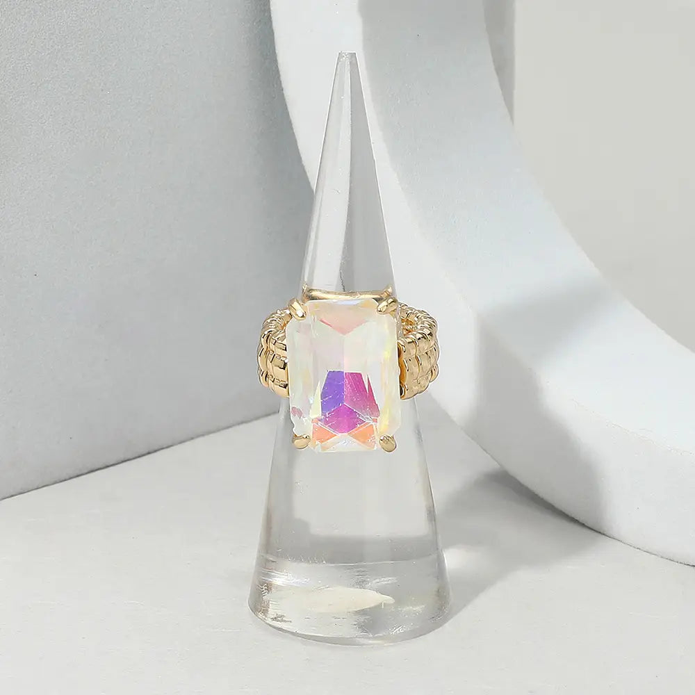 Bold Emerald Cut Stone Cluster Accent Adjustable Ring