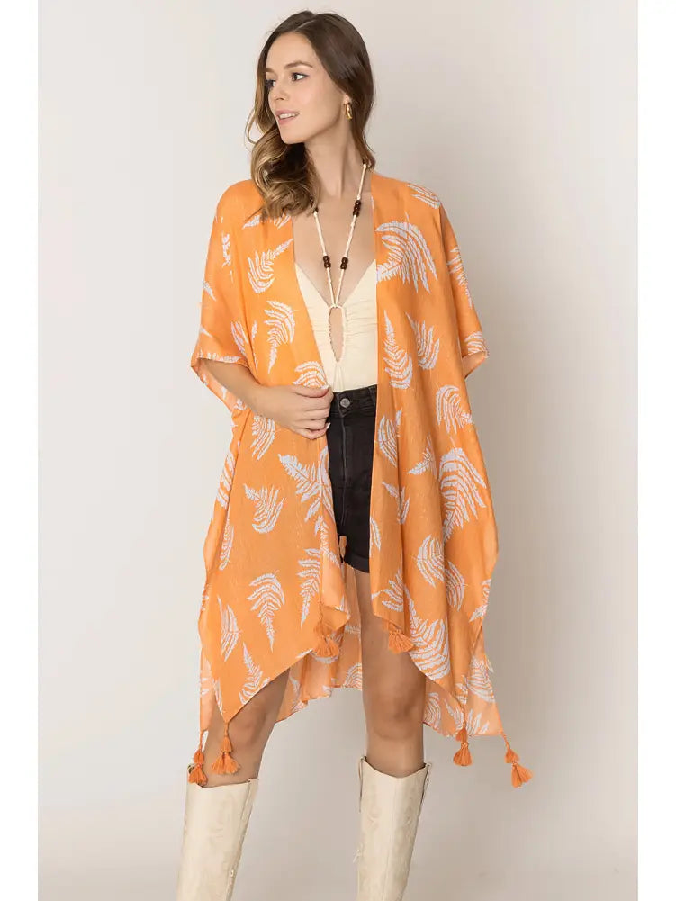 Leaf Print Two Tone Lurex Tassel Summer Kimono