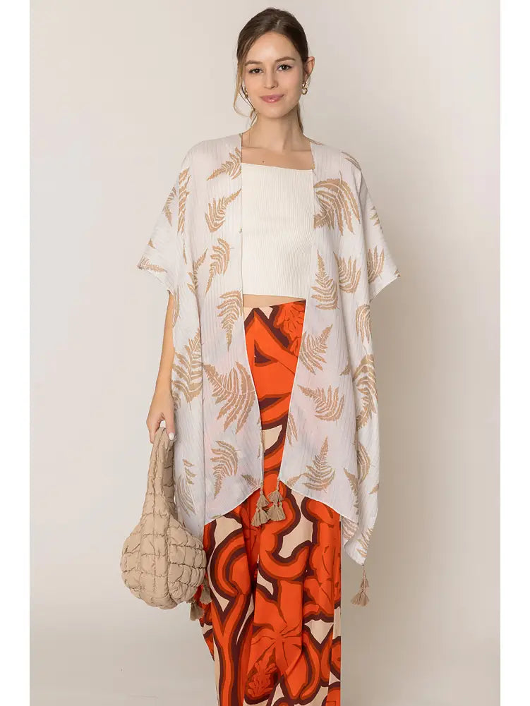 Leaf Print Two Tone Lurex Tassel Summer Kimono
