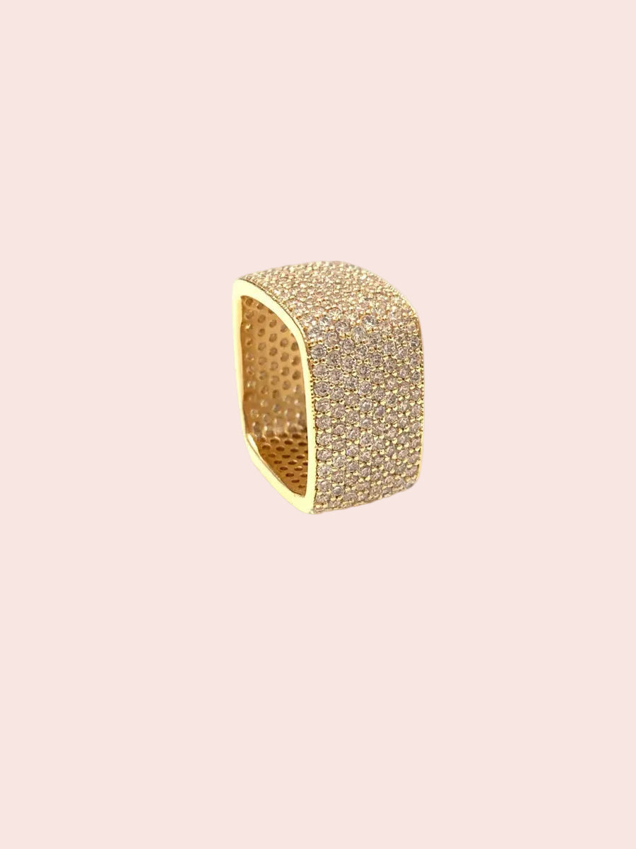 Flat square eternity band ring in hand set high quality micro pave CZ, Gold finish, Size 8, Clear
