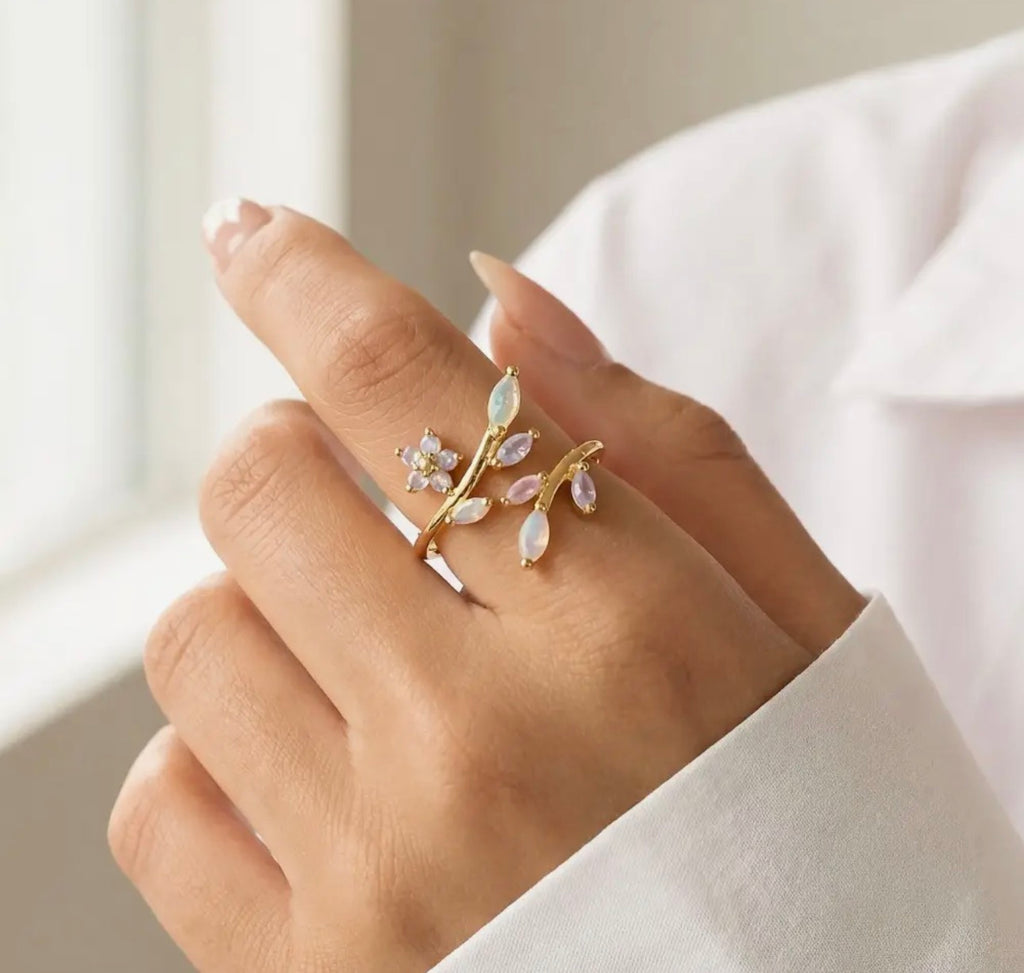 Layered Cz Leaf Branch Open Band Ring