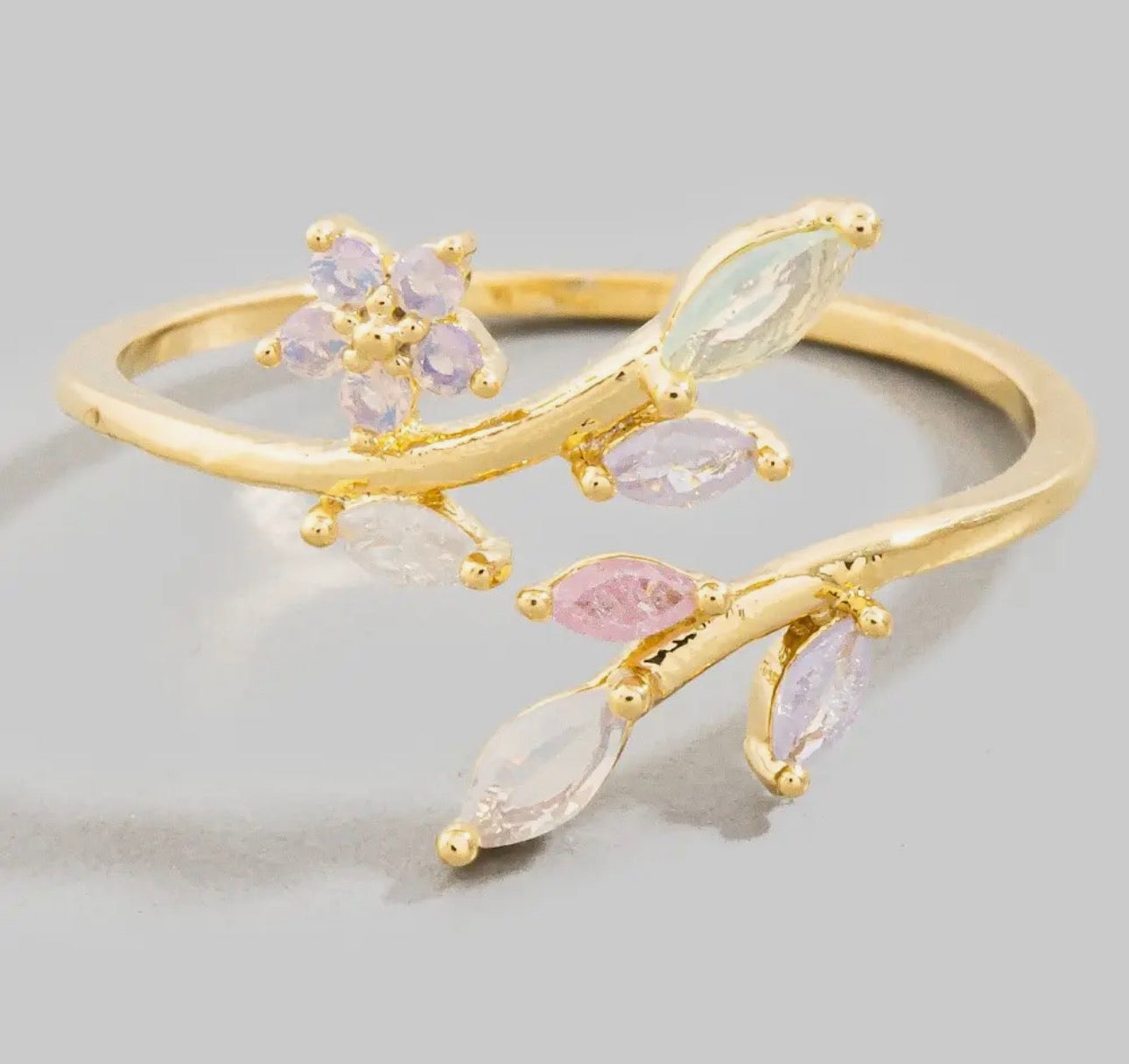 Layered Cz Leaf Branch Open Band Ring