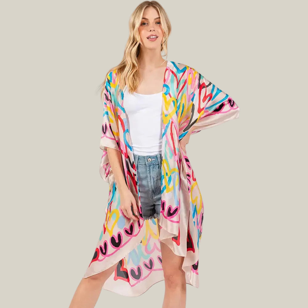 Multi Colored Heart Print Silky Feel Kimono Poncho