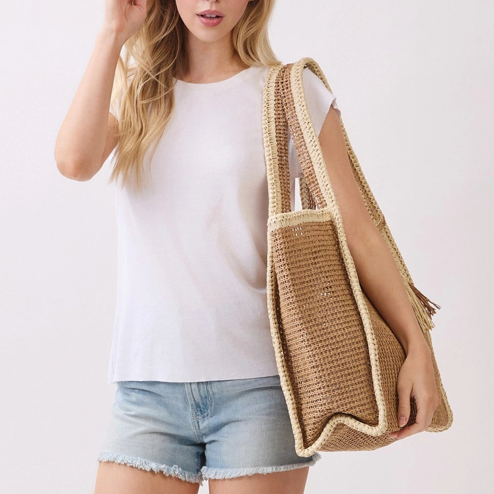 Two Tone Woven Straw Tote Bag