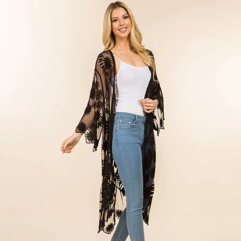 Sheer Floral Lace Long Kimono Poncho