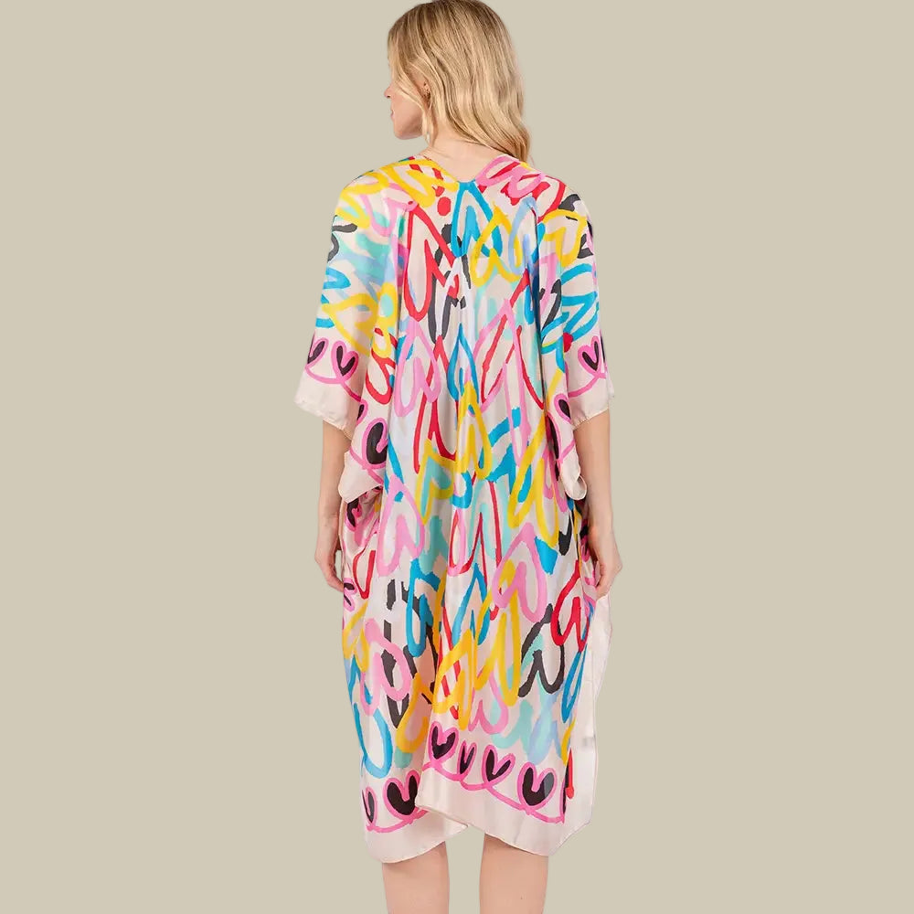 Multi Colored Heart Print Silky Feel Kimono Poncho