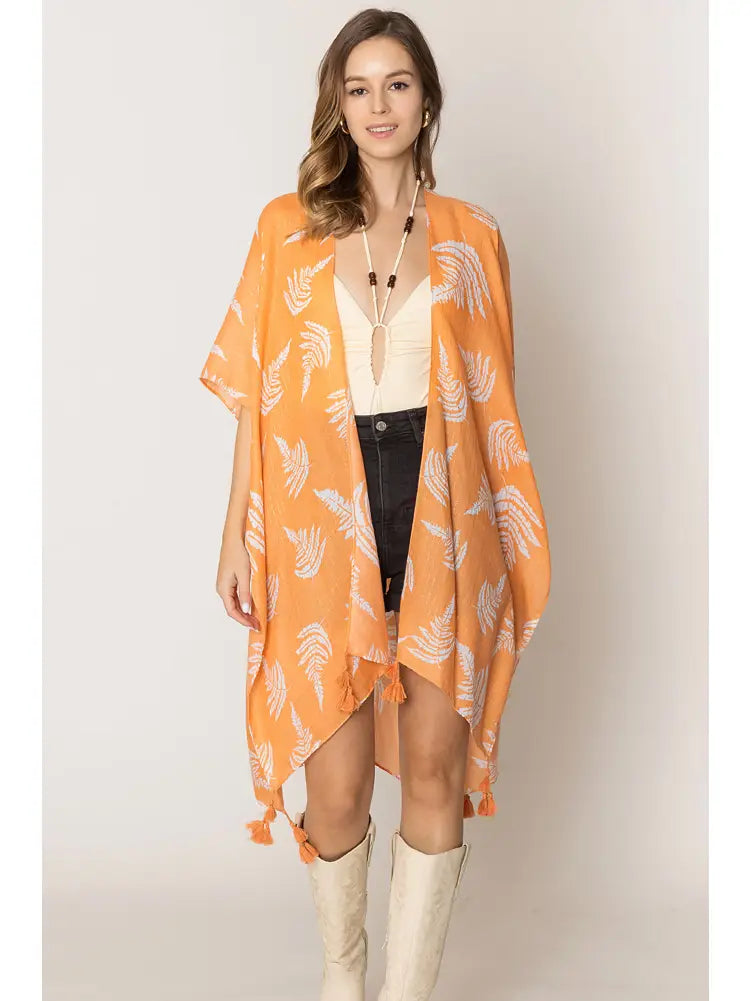 Leaf Print Two Tone Lurex Tassel Summer Kimono