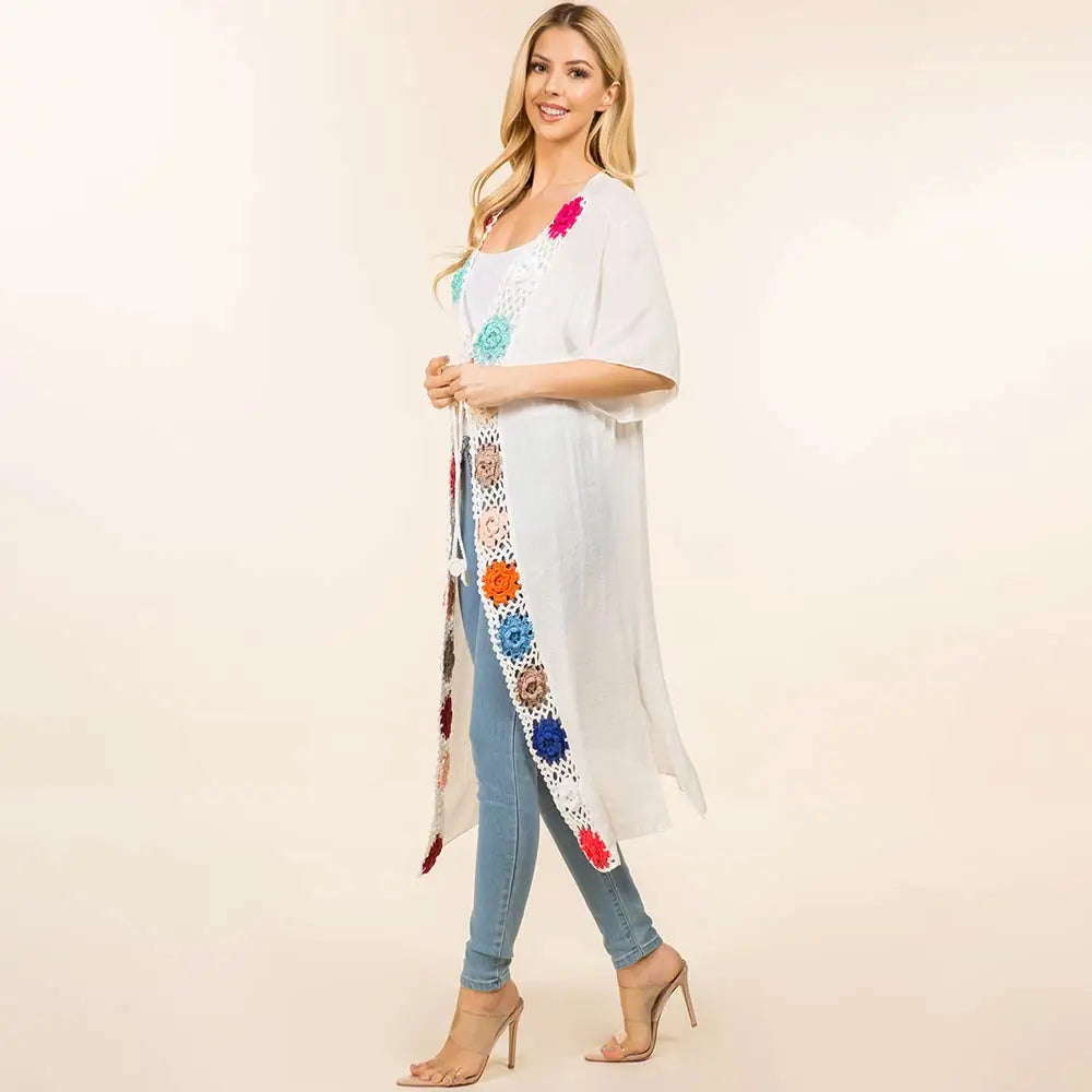 Floral Crochet Trim Open Front Long Kimono Poncho