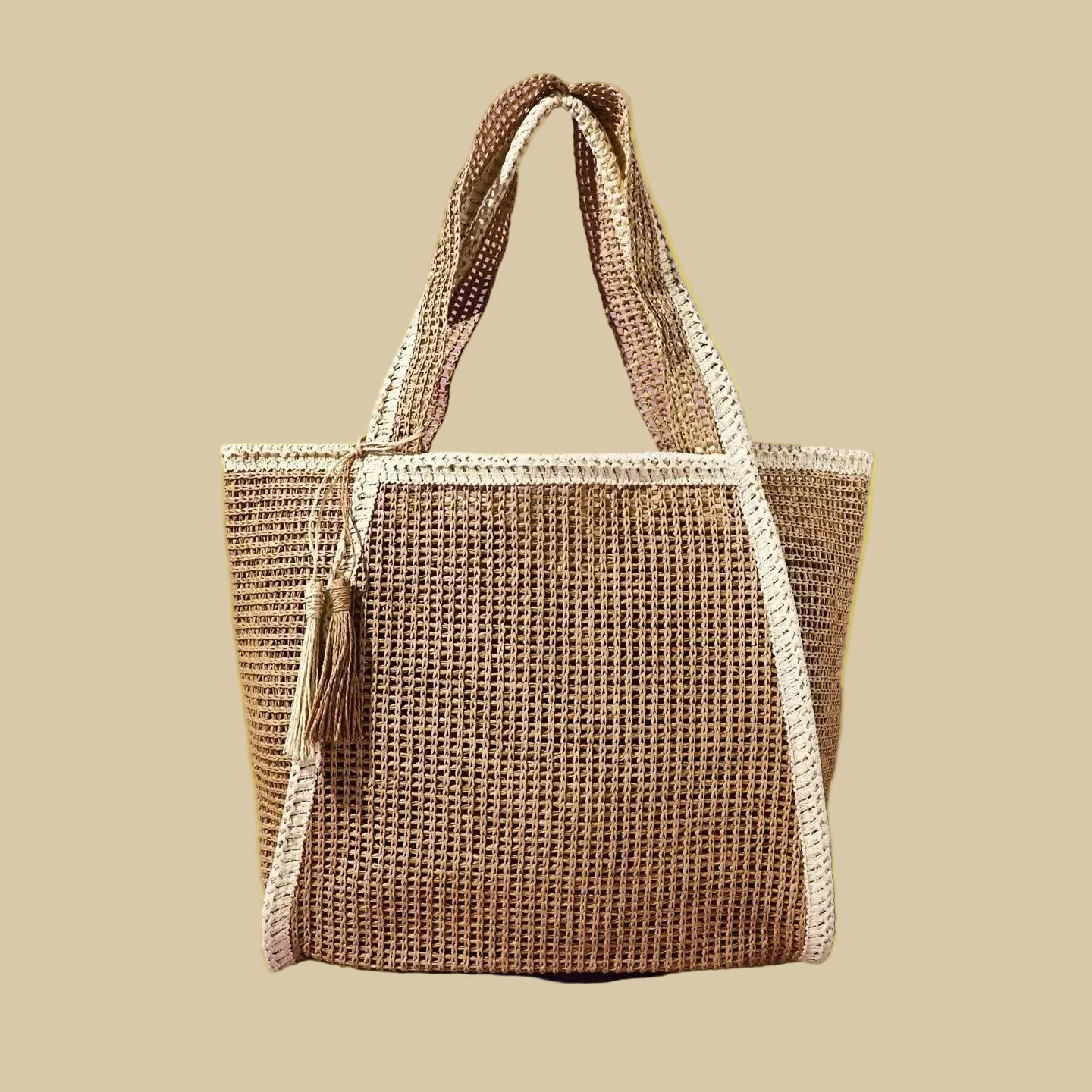 Two Tone Woven Straw Tote Bag with Tassel