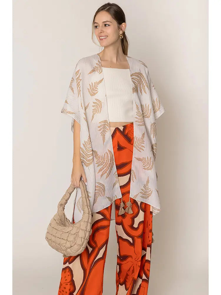 Leaf Print Two Tone Lurex Tassel Summer Kimono