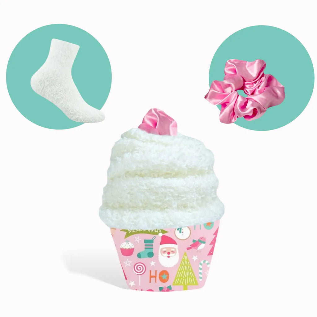Christmas Cozy Cupcake Socks with Scrunchie and Sleep Eye Mask Bundle
