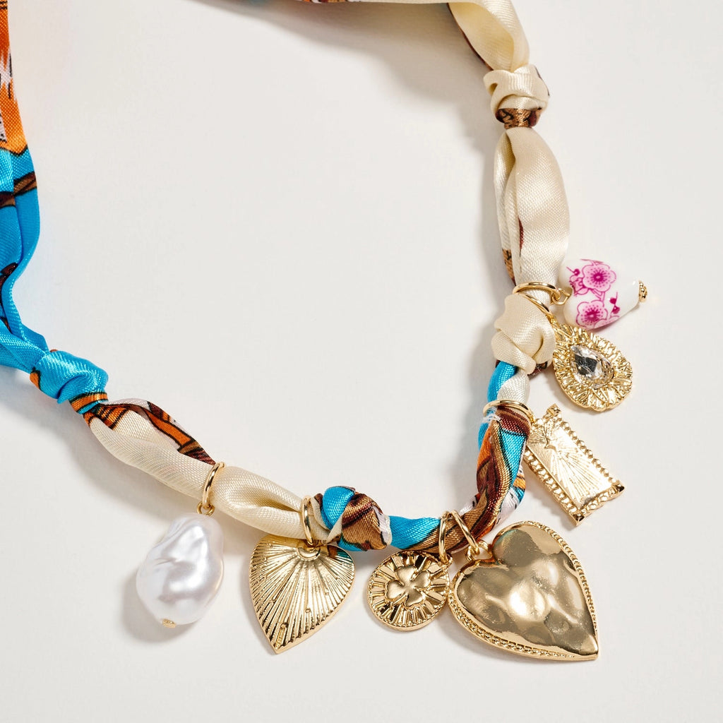 Blue & Ivory Charm Scarf Necklace | Gold Heart & Pearl Statement Tie Necklace
