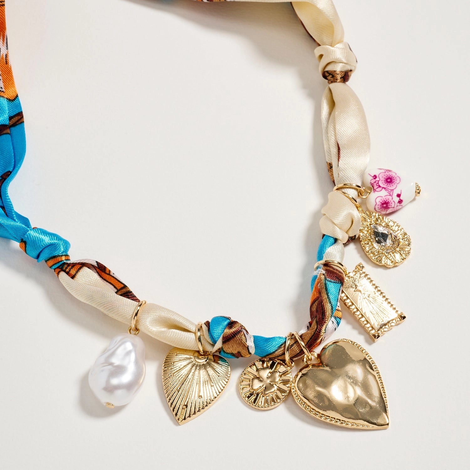 Blue & Ivory Charm Scarf Necklace | Gold Heart & Pearl Statement Tie Necklace