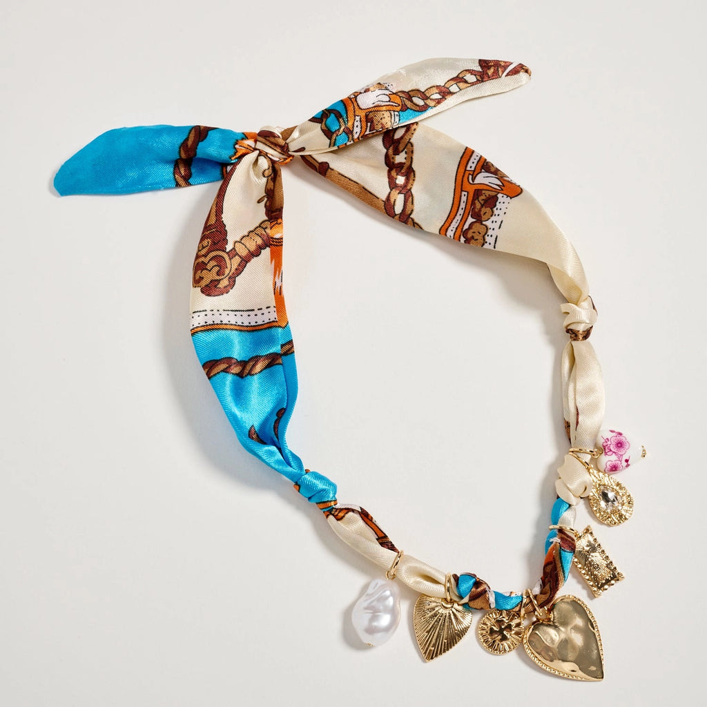 Blue & Ivory Charm Scarf Necklace | Gold Heart & Pearl Statement Tie Necklace