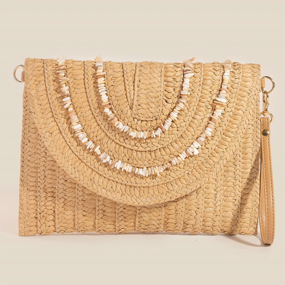 Shell Beaded Accent Paper Woven Envelope Clutch Bag