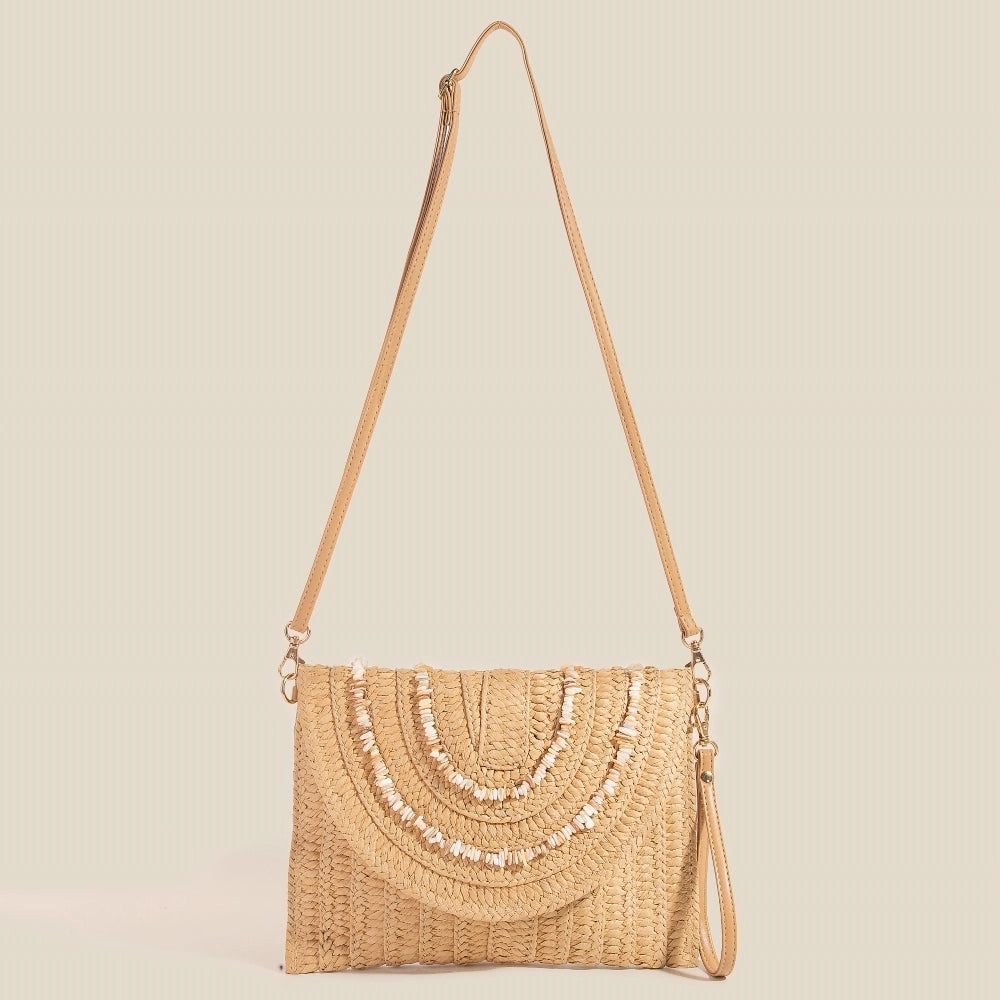 Shell Beaded Accent Paper Woven Envelope Clutch Bag