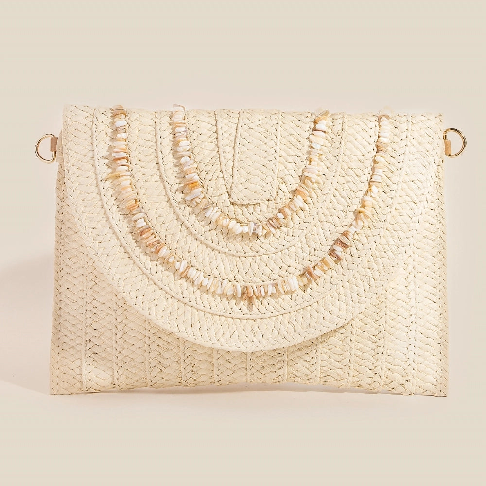 Shell Beaded Accent Paper Woven Envelope Clutch Bag
