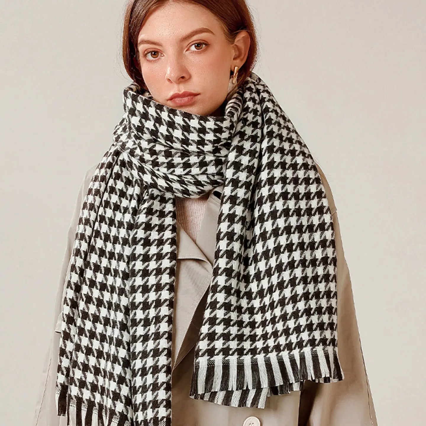 Houndstooth Woven Scarf with Soft Cozy Fabric Classic Black and White Check and Fringe Trim