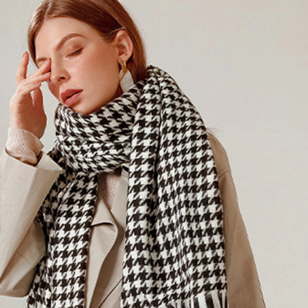 Houndstooth Woven Scarf with Soft Cozy Fabric Classic Black and White Check and Fringe Trim