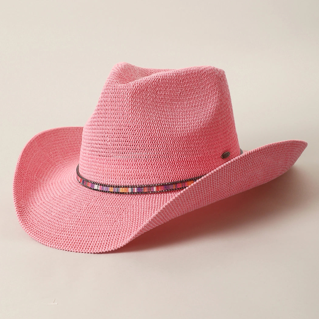 Knitted Paper Straw Cowboy Hat with Beaded Band