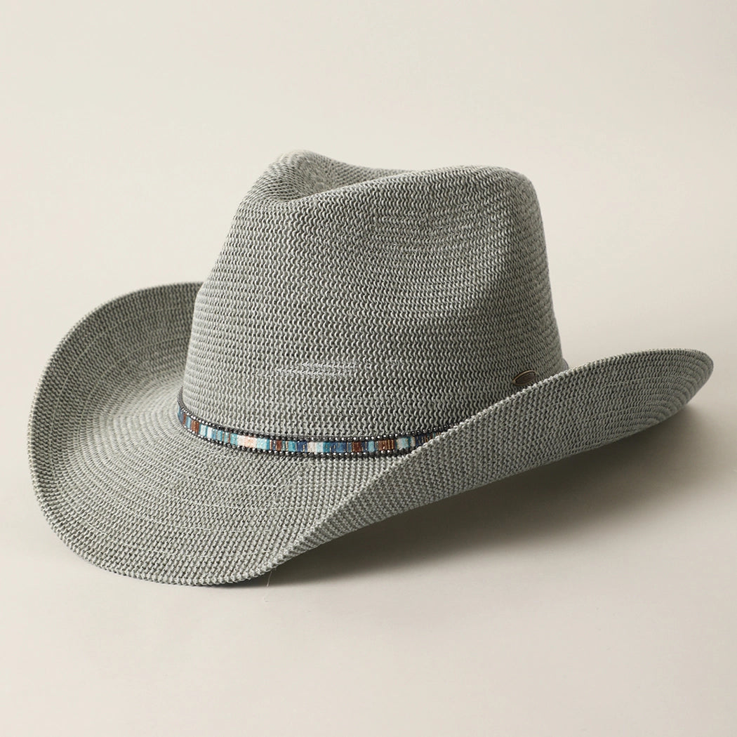 Knitted Paper Straw Cowboy Hat with Beaded Band