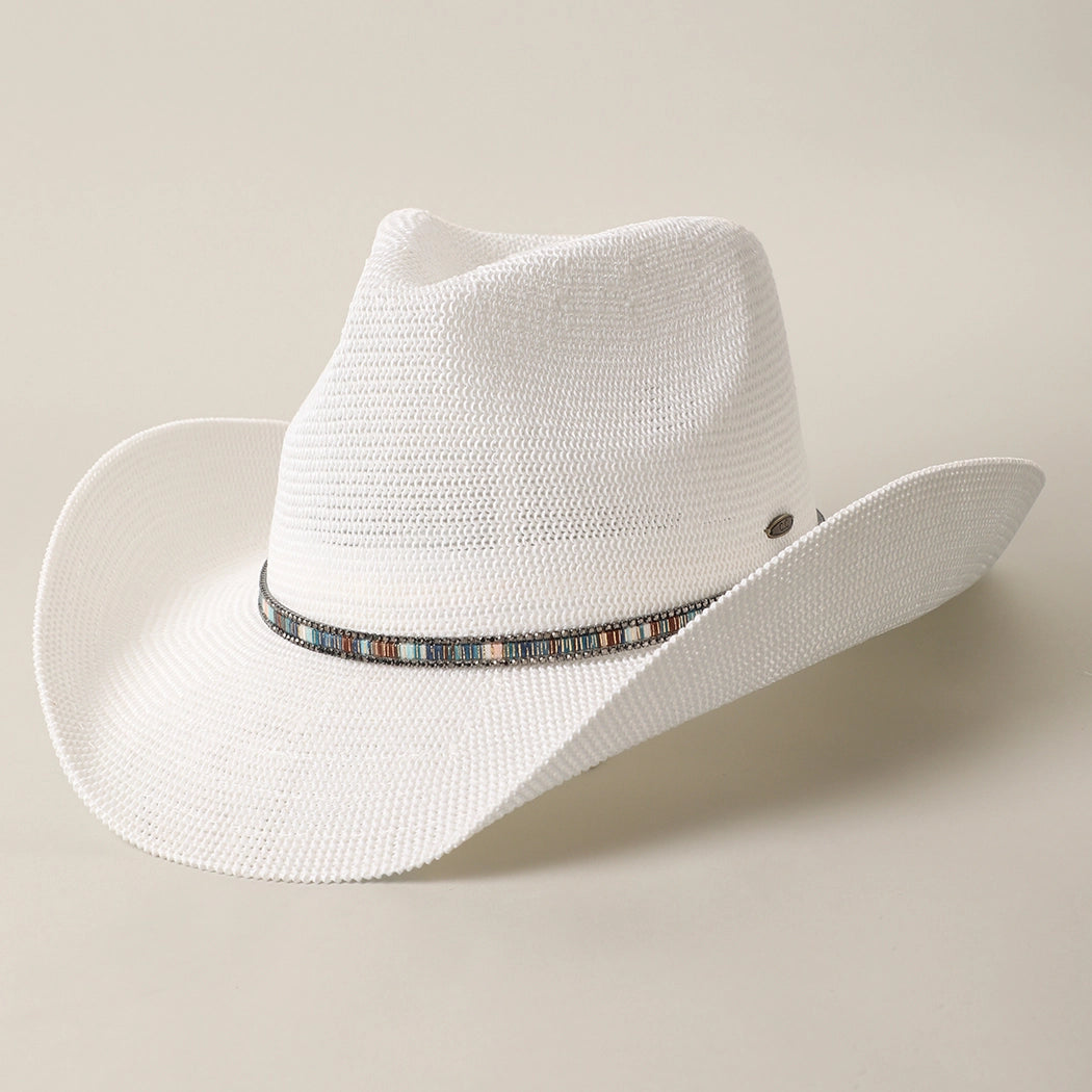 Knitted Paper Straw Cowboy Hat with Beaded Band