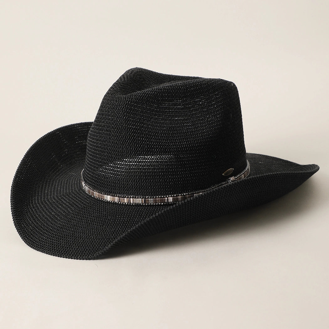 Knitted Paper Straw Cowboy Hat with Beaded Band