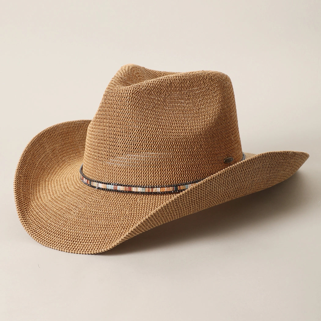 Knitted Paper Straw Cowboy Hat with Beaded Band