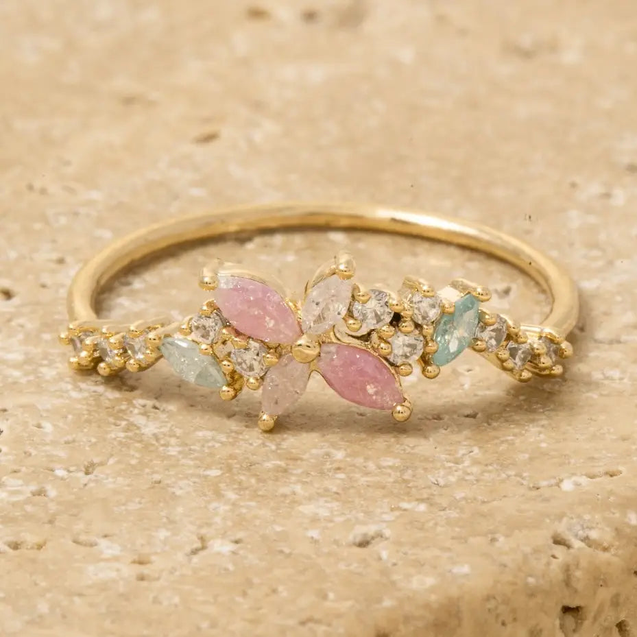 Gold Dipped Colorful Cz Flower Ring