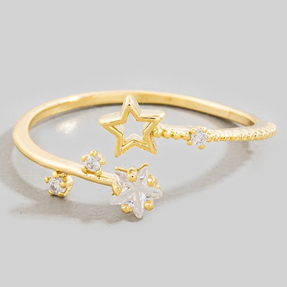 Gold Dipped Cz Double Star Open Ring