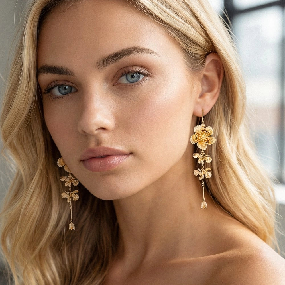 Metallic Flower Chain Dangle Earrings